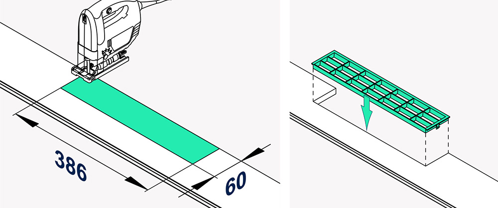 Schéma de la découpe des emplacements pour la grille d'aération dans un meuble de cuisine