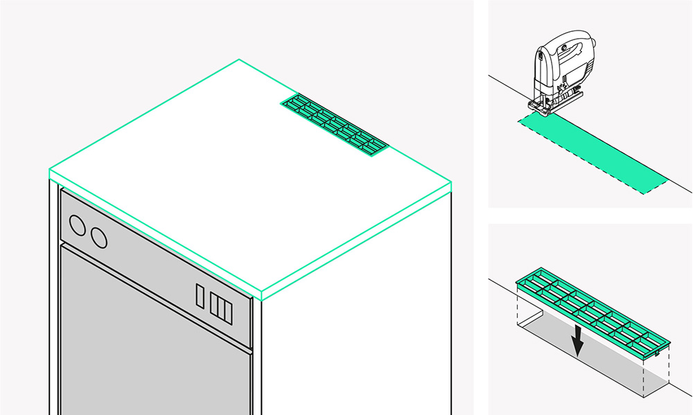 Schema de fixation pour panneau de recouvrement pour une colonne de cuisine