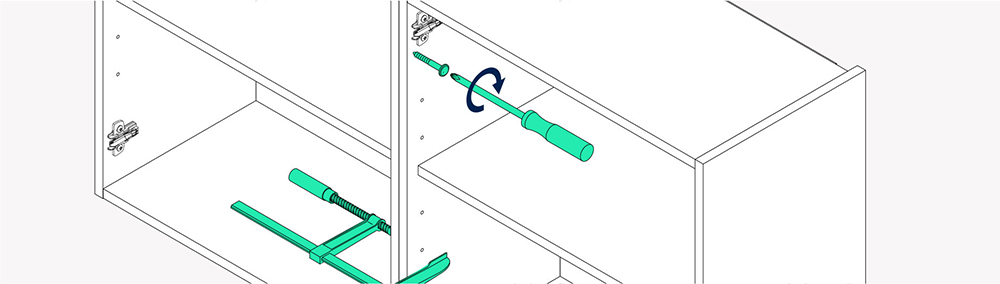 schéma vissage de deux meubles hauts de cuisine