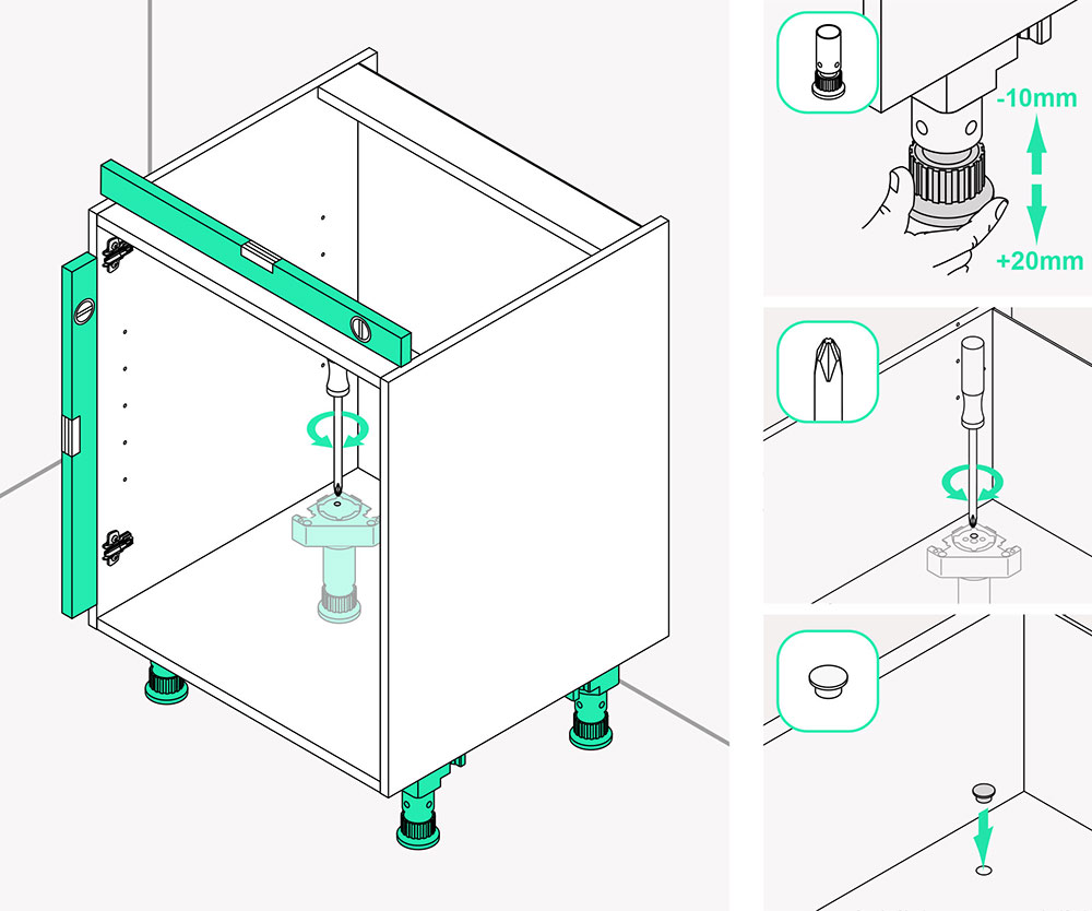 schéma de pose d'un meuble bas d'une cuisine