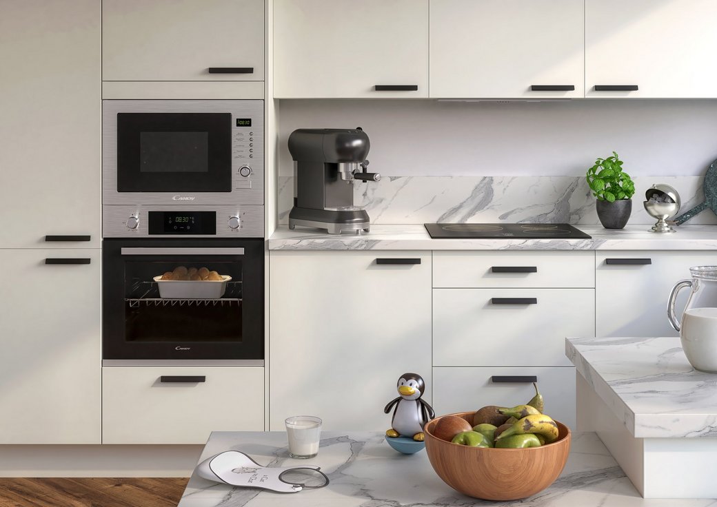 cuisine équipée de couleur blanc alpin brillant, plan de travail effet pierre et poignées noir et anthracite