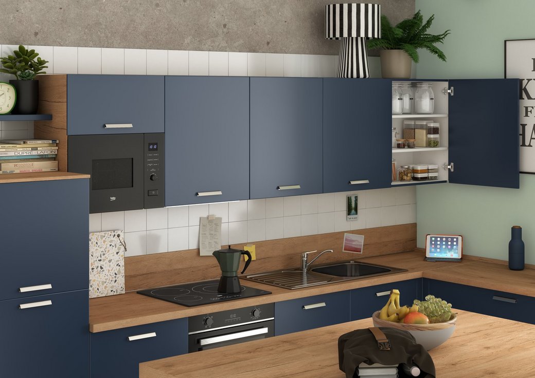 Cuisine Bleu Fjord uni foncé zoom meubles hauts