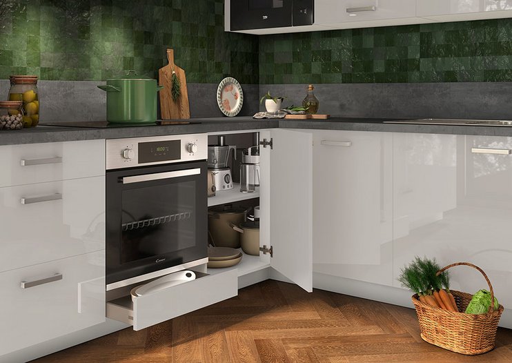 cuisine équipée avec façades gris soie brillant et un zoom sur un placard et un tiroir ouvert