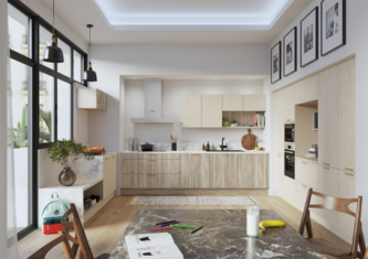 Cuisine Chêne Bergamo et béton Sable fin vue complète 