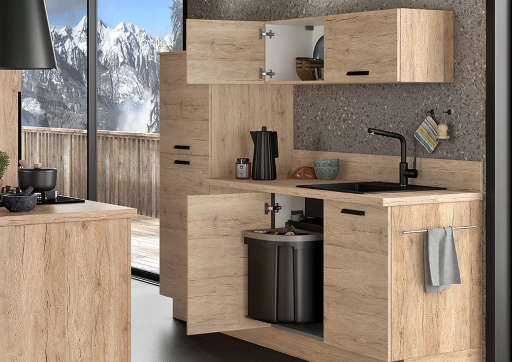 cuisine équipée couleur chêne San Remo effet bois avec poubelle intégrée