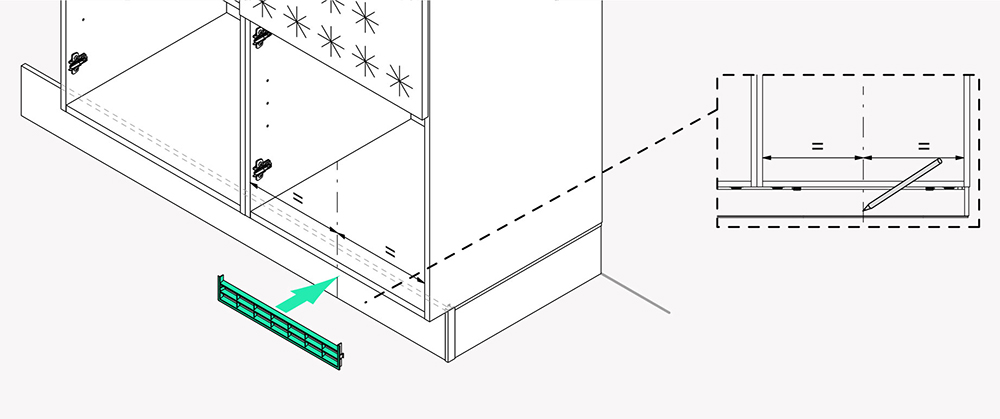 schéma de la pose d'une grille d'aération à un meuble 